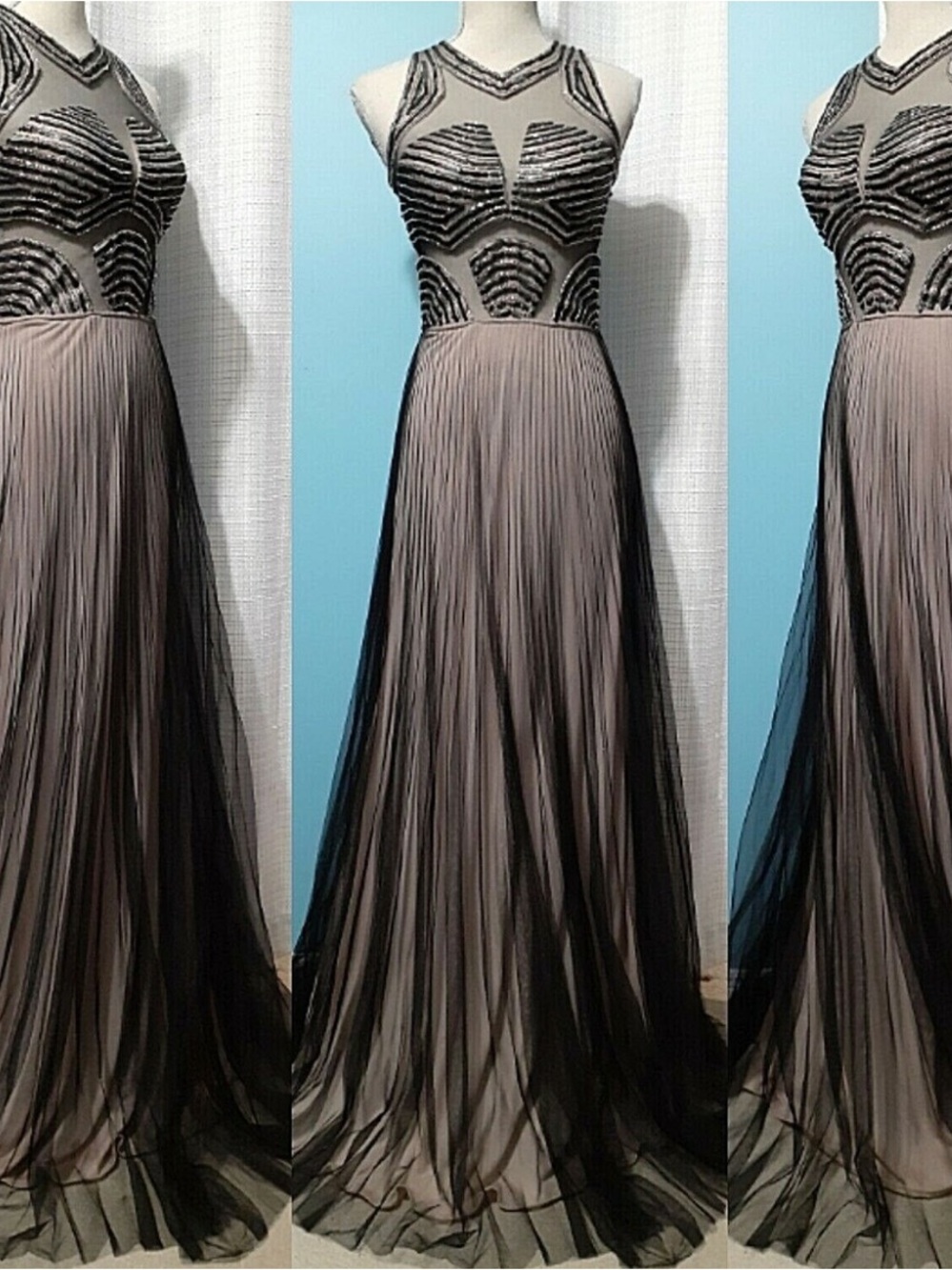 Mignon Aqua & Nude Beaded & Sequins Sheer Cutout Illusions Maxi Gown